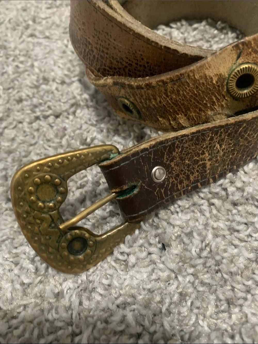 Vintage Brown Distressed Leather Belt with Brass Buckle